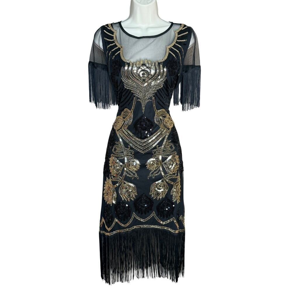 Unique Vintage 1920’s Black & Gold Beaded Flapper Dress NWOT